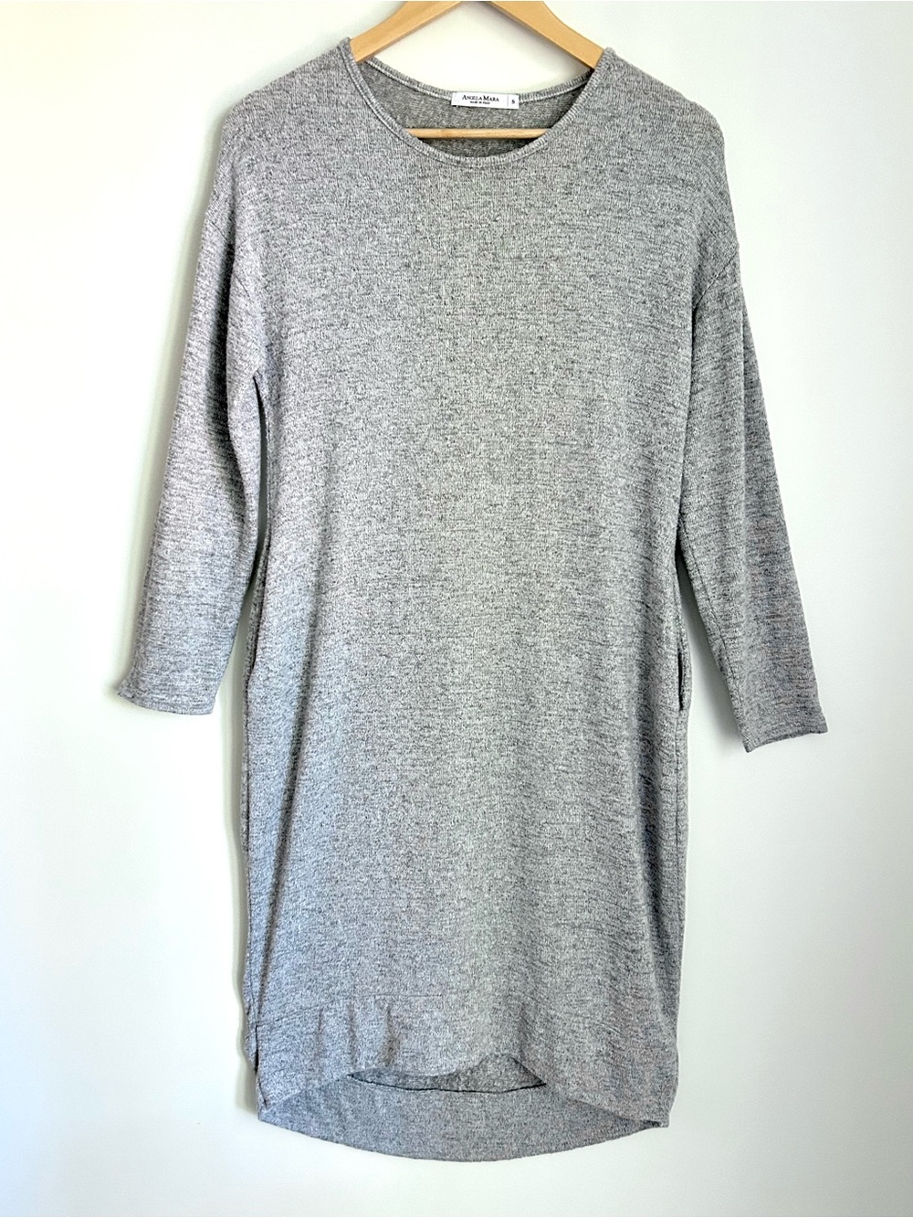 Angela Mara ItaIian Lagenlook Grey Knit Sweater Dress with Pockets, Size Small